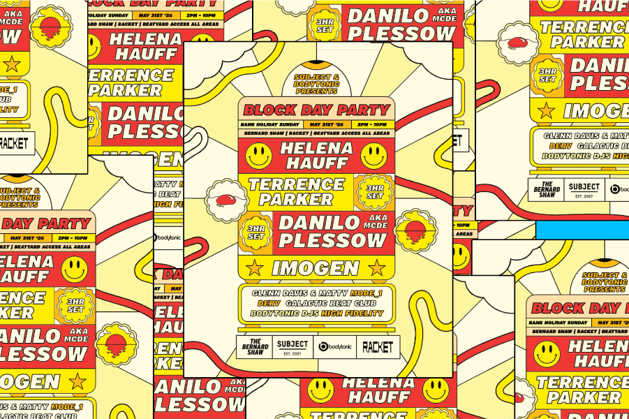 Collage-style club flyer with bright red, yellow, and cream panels listing DJs Helena Hauff, Terrence Parker, Danilo Plessow, and Imogen; features a smiley face logo and retro design.