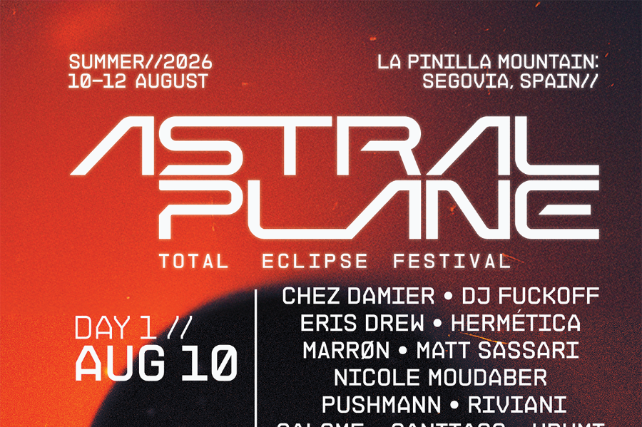 Poster for Astral Plane: Total Eclipse Festival in La Pinilla Mountain, Segovia, Spain, Aug 10–12, 2026. Day 1 on Aug 10 with lineup names listed.