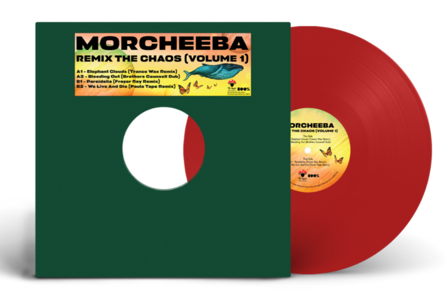 Red vinyl record partially showing from a green sleeve, with a yellow Morcheeba Remix the Chaos Volume 1 label visible on the disc edge.
