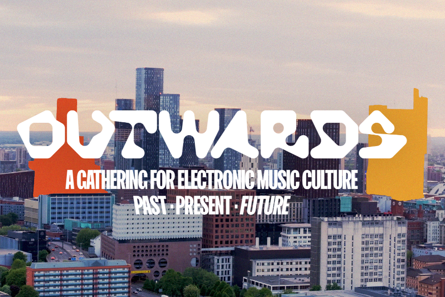 Banner over a city skyline reading 'OUTWARDS' with the subtitle 'A gathering for electronic music culture – past, present, future'.