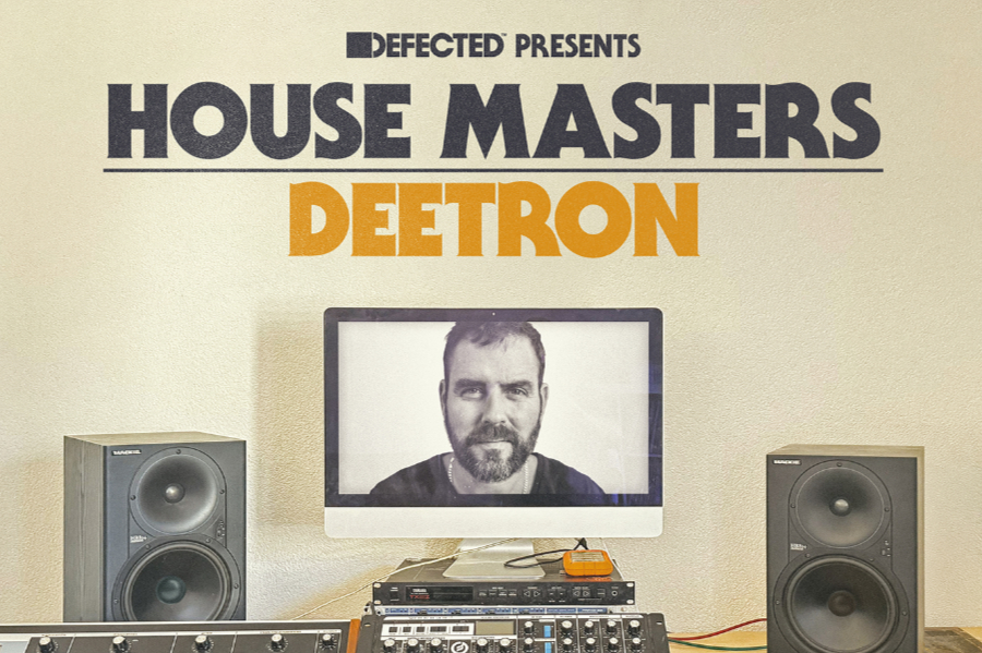 Retro music promo poster reading 'House Masters Deetron' with a computer monitor showing a bearded man and two large studio monitors nearby.