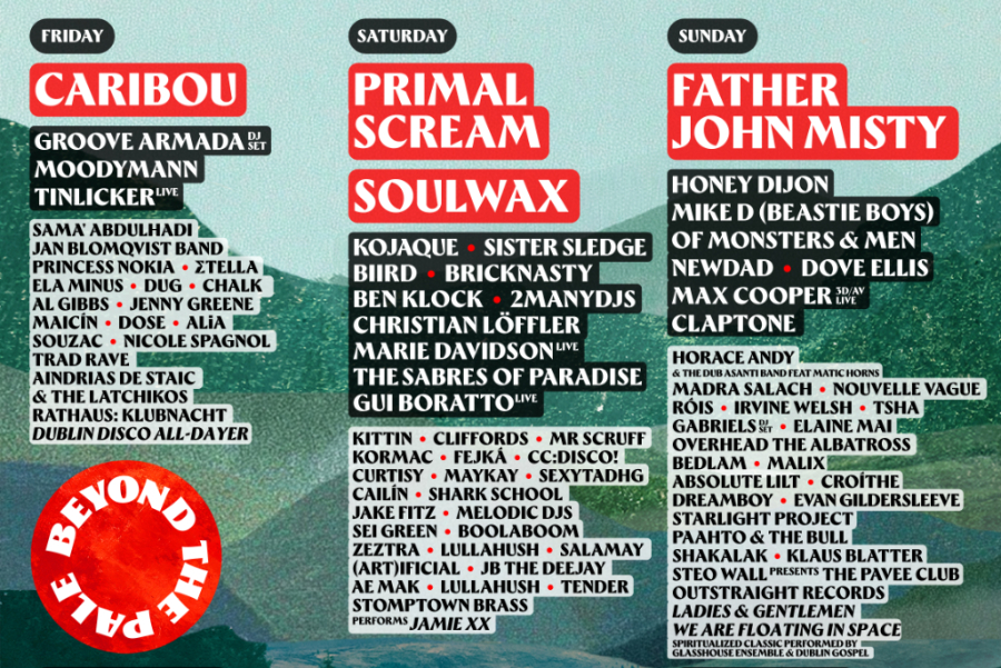 Three-day music festival lineup poster with headliners Caribou (Fri), Primal Scream (Sat), and Father John Misty (Sun) on a teal-green background with many band names in black boxes.