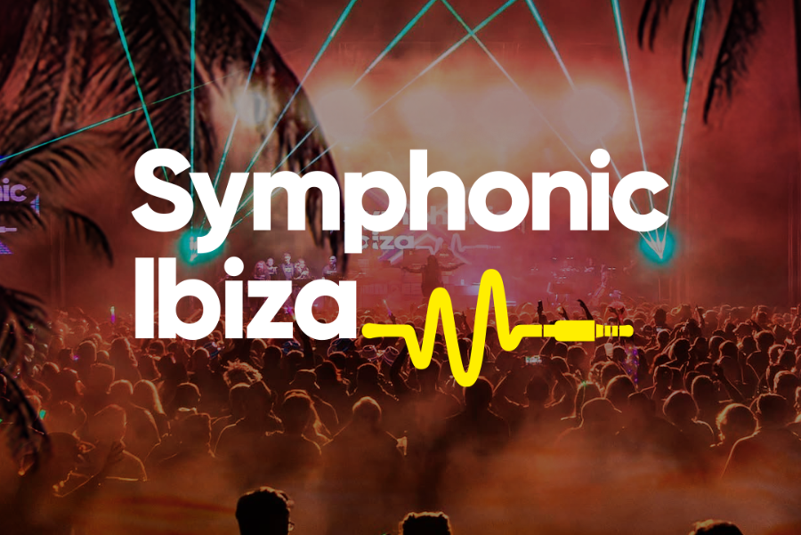 Concert crowd at a Ibiza festival with palm silhouettes, overlaid bold white text 'Symphonic Ibiza' and a yellow soundwave graphic.