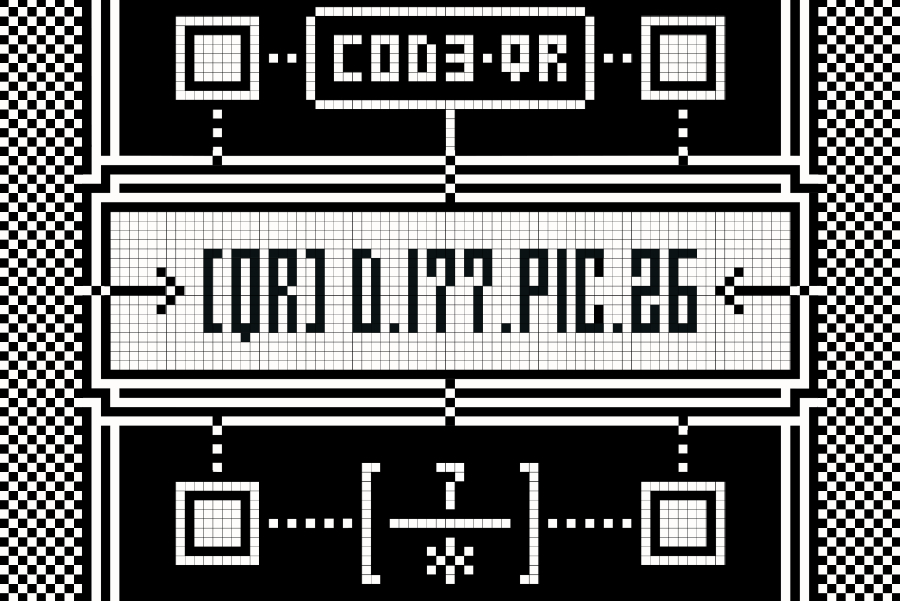 Retro black-and-white pixel schematic with 'CODE-QR' label at the top, a central input field showing a long alphanumeric code and arrows on both sides.