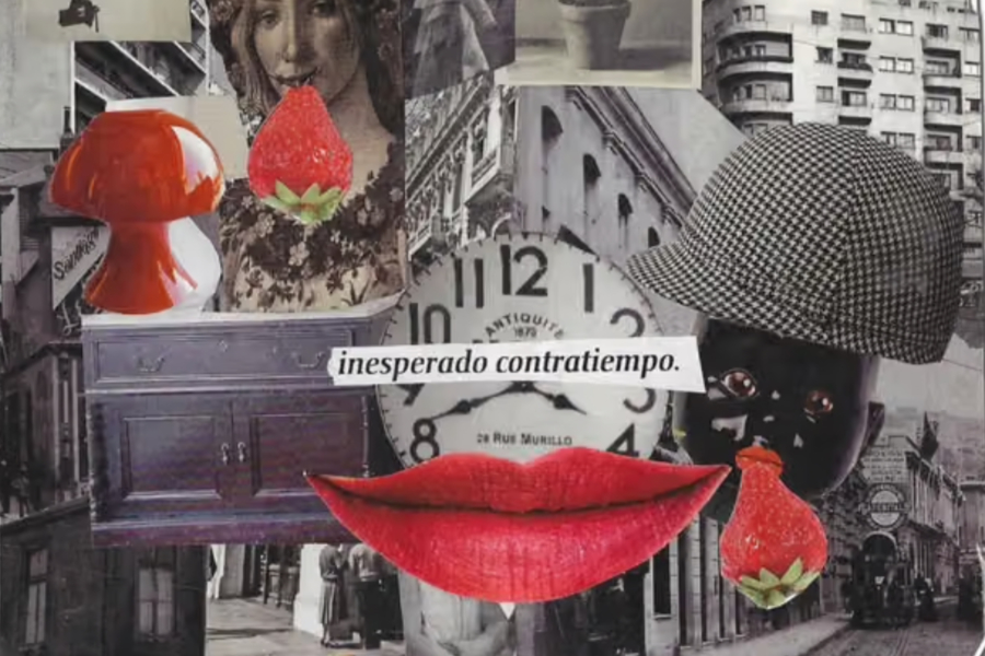 Collage-style image with a large red lips, clock face, strawberries, vintage hat, and city street background, plus the phrase 'inesperado contratiempo'.