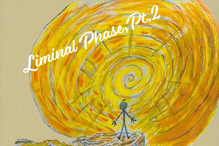 Stick figure on rocks facing a giant swirling yellow spiral sun, with the title Liminal Phase Pt. 2.