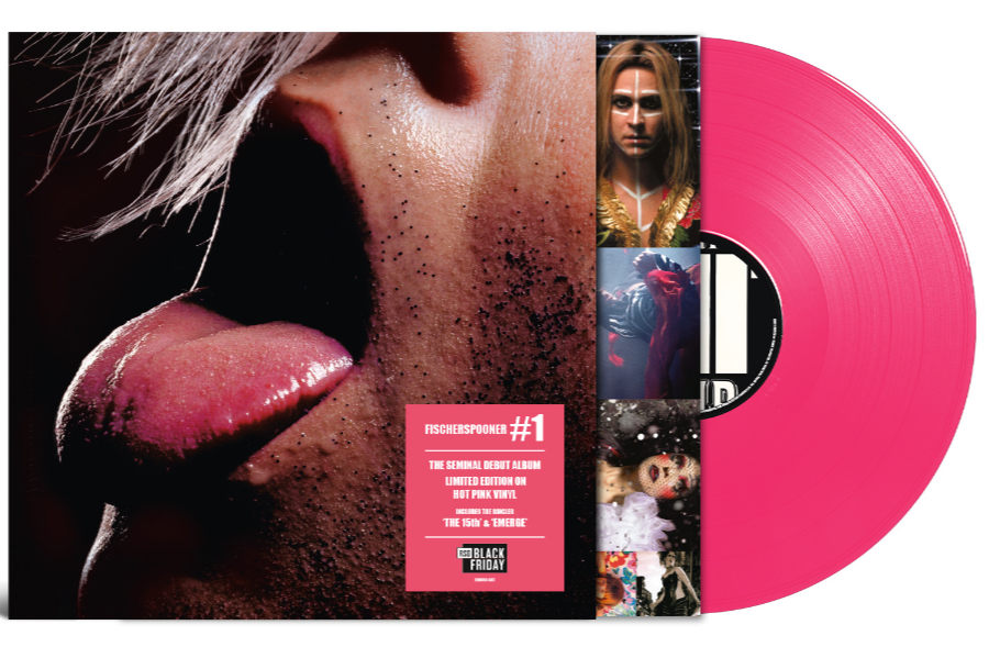 Pink vinyl record with a collage-style album sleeve featuring a close-up of a mouth and tongue on the left and small image tiles on the right; Fischerspooner #1